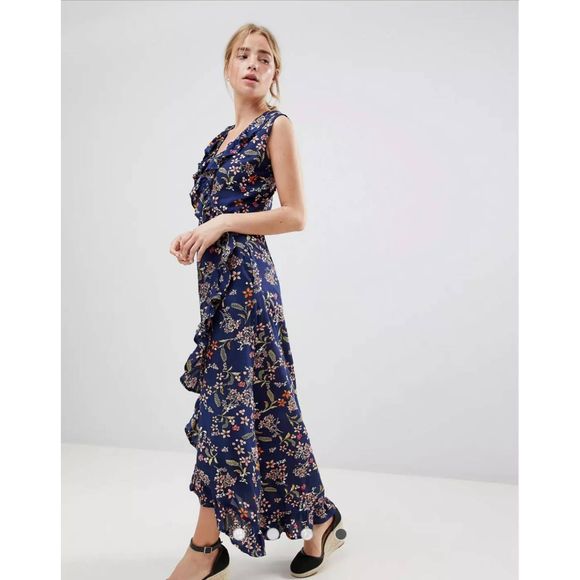 QED London Dresses & Skirts - QED London Blue Floral Ruffle High Low Sleeveless Maxi Wrap Dress Women's Size 4